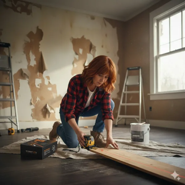 Homeowner using The Almighty Ruler to hang a picture frame perfectly straight